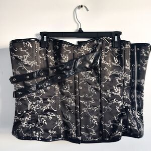 38" Black Silver Satin Underbust Wench Corset Tapestry Floral Embroidery Lace-Up